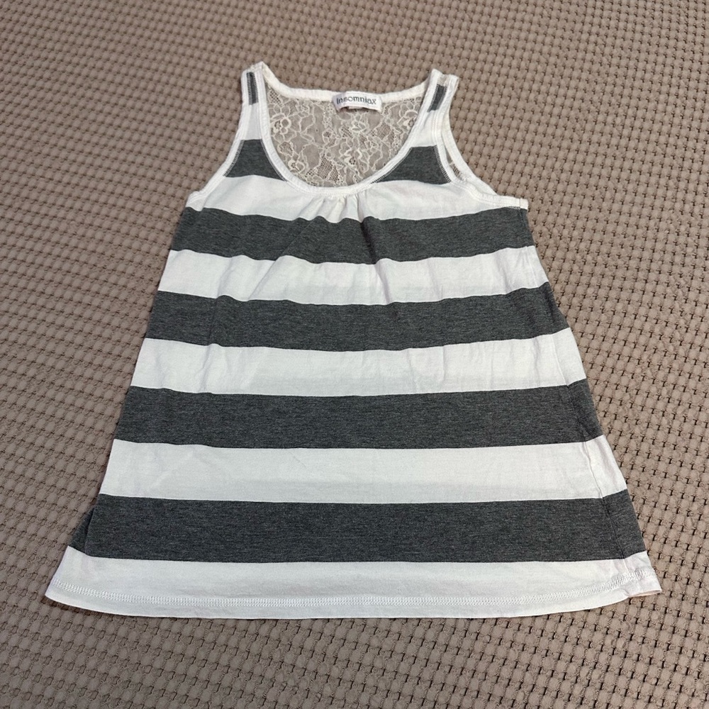 Insomniax Gray & White Striped Lace-Back Tank Medium